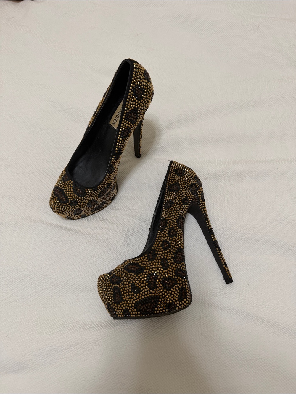 Steve Madden Gold and Black Leopard Crystal Platform Pumps